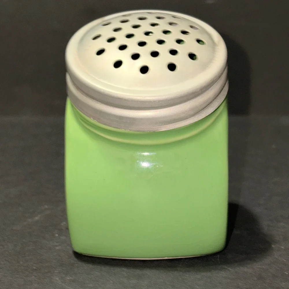 Vtg Retro Green Ceramic Slanted Spice Shaker Sugar Dispenser Metal Lid 1638444
